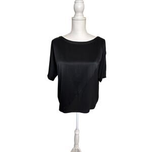 Eileen Fisher silk mixed media black short sleeve black crew neck blouse size M